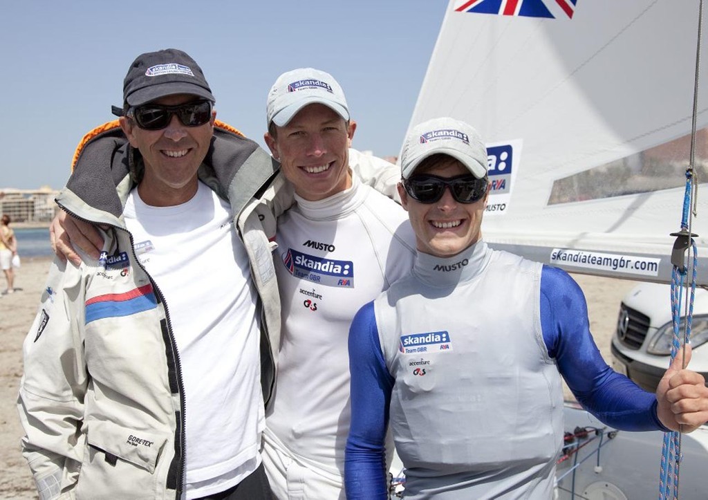 470 bronze medallists Stuart Bithell and Luke Patience celebrate with coach Morgan Reeser - Princesa Sofia Trophy &copy; Skandia Team GBR http://media.skandiateamgbr.com
